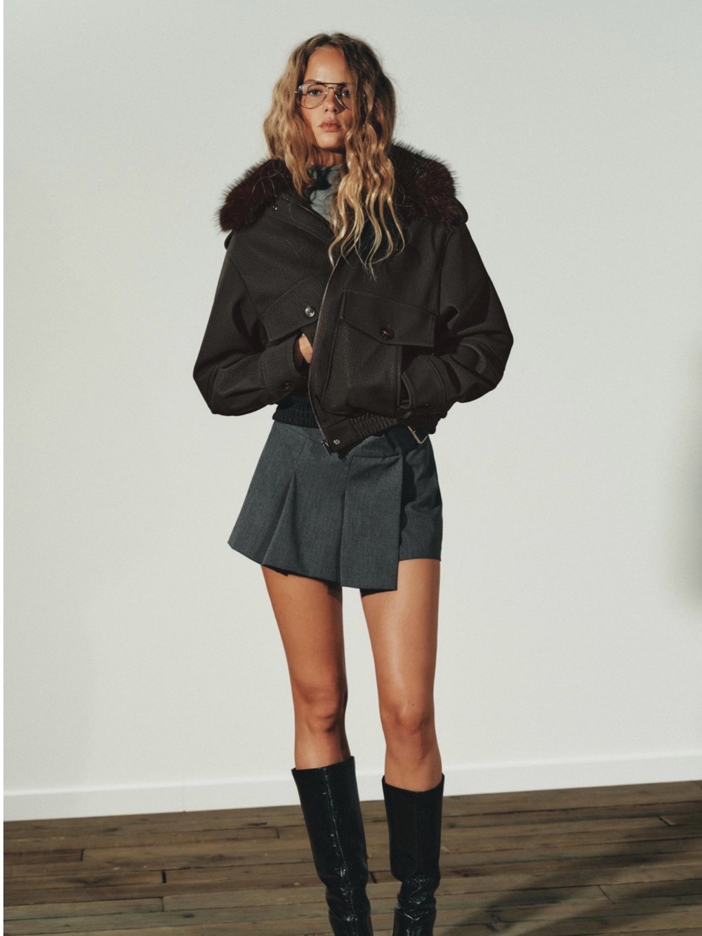 Zara Dark Brown Bomber Jacket with Fur Collar
